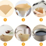 Filtros para cafetera V60 #2, 100 unidades, color marrón, paso a paso para preparar café.