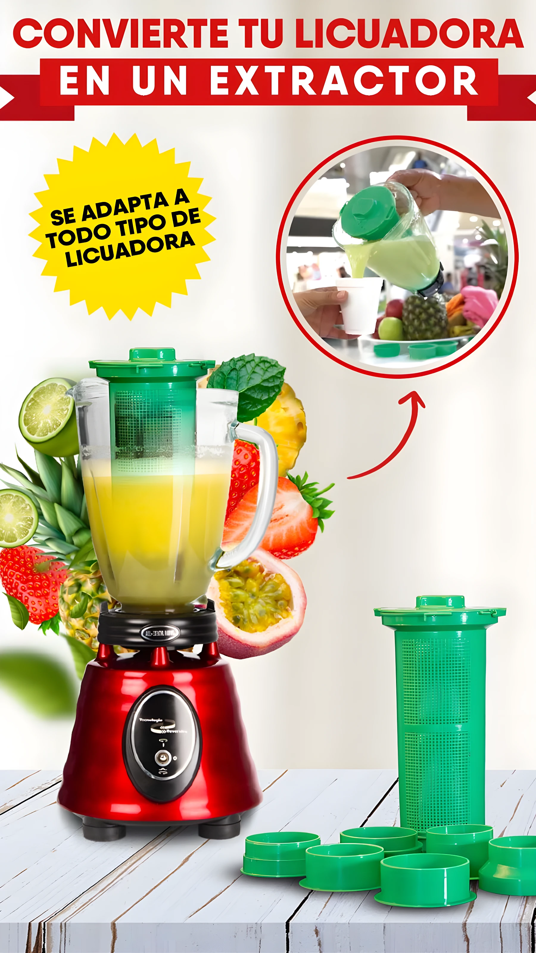 Filtro extractor verde para licuadora roja con frutas tropicales y fresas, convierte tu licuadora en extractor.