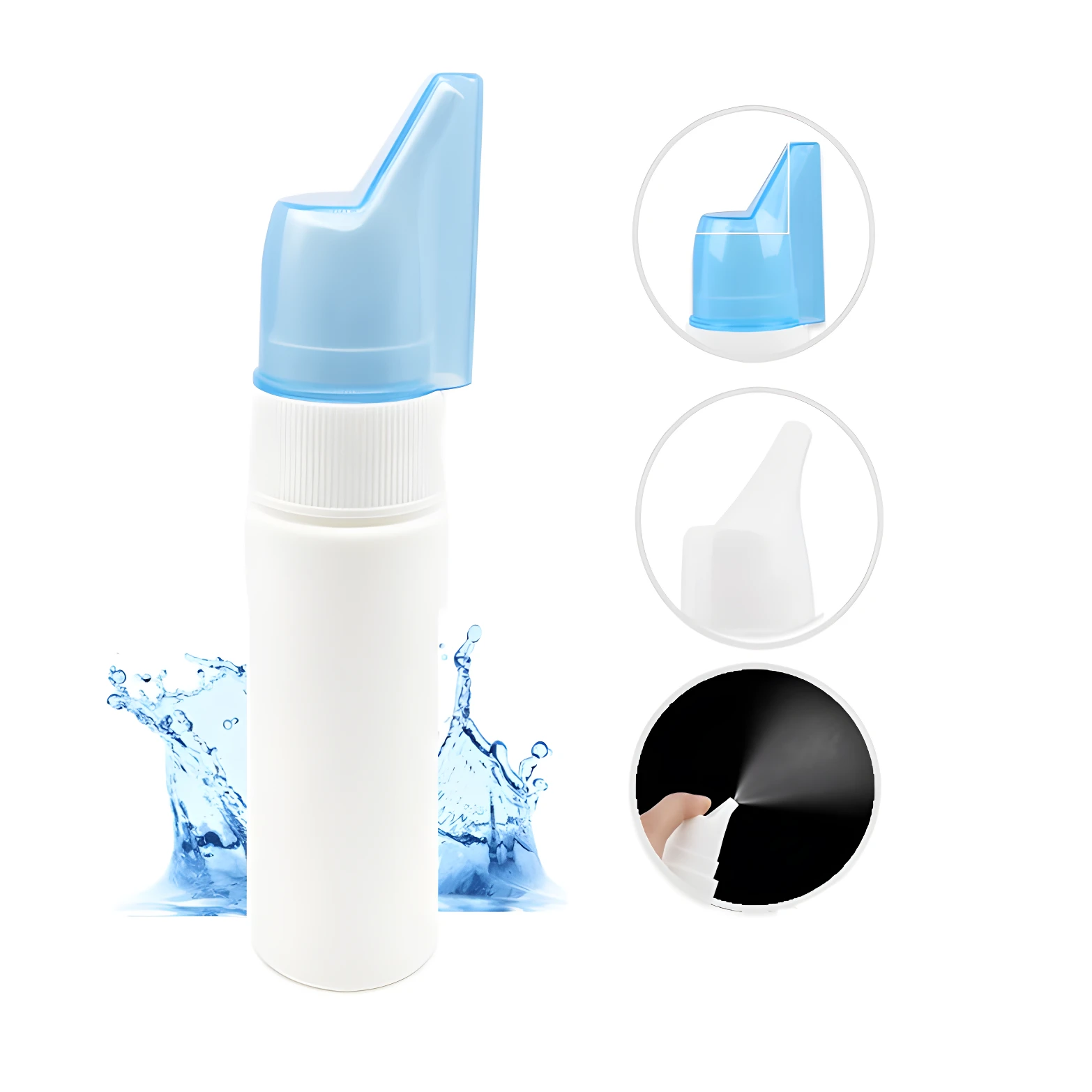 Frasco blanco para lavado nasal con tapa azul, detalle de irrigación y accesorios.