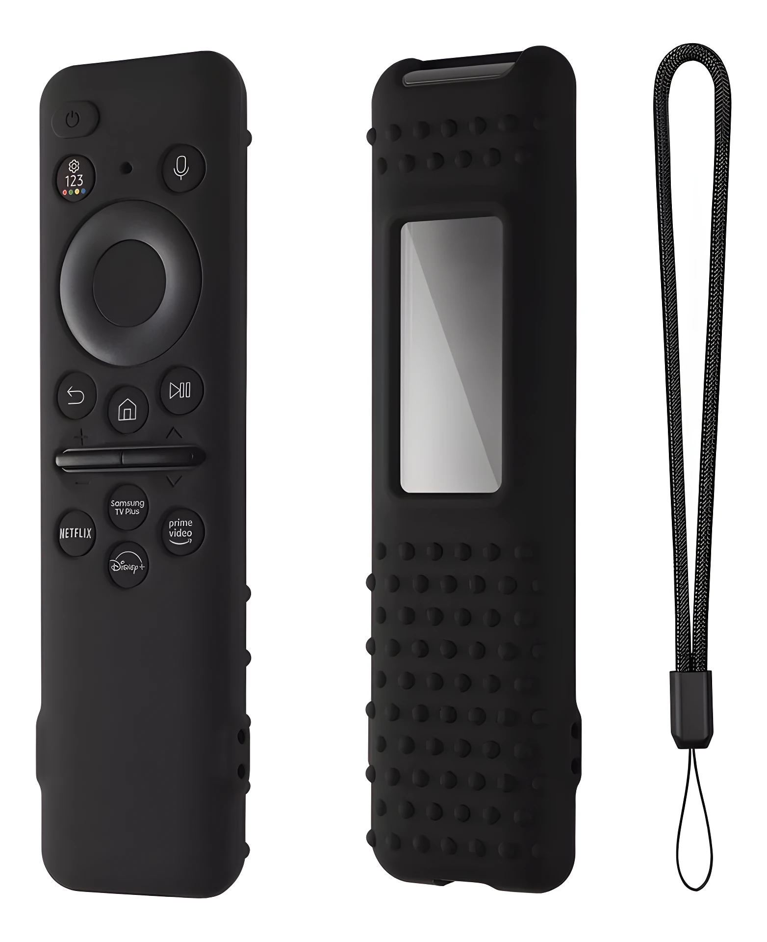 Funda de control remoto Samsung negra en silicona con correa, protege contra caídas.