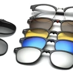 Gafas oftálmicas con clips magnéticos polarizados: armazón negro y 5 lentes intercambiables de colores.