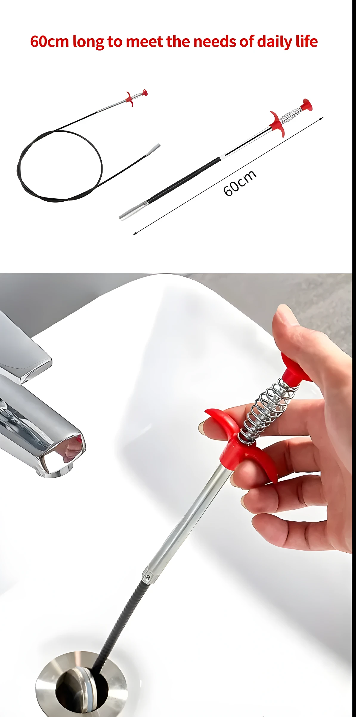 Set x2 destapa cañerías flexibles de 60cm, uno en espiral en lavamanos, otro extendido.