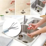 Gancho destapa-cañerías flexible con resorte y pinzas, ideal para limpiar desagües de lavaplatos y duchas.
