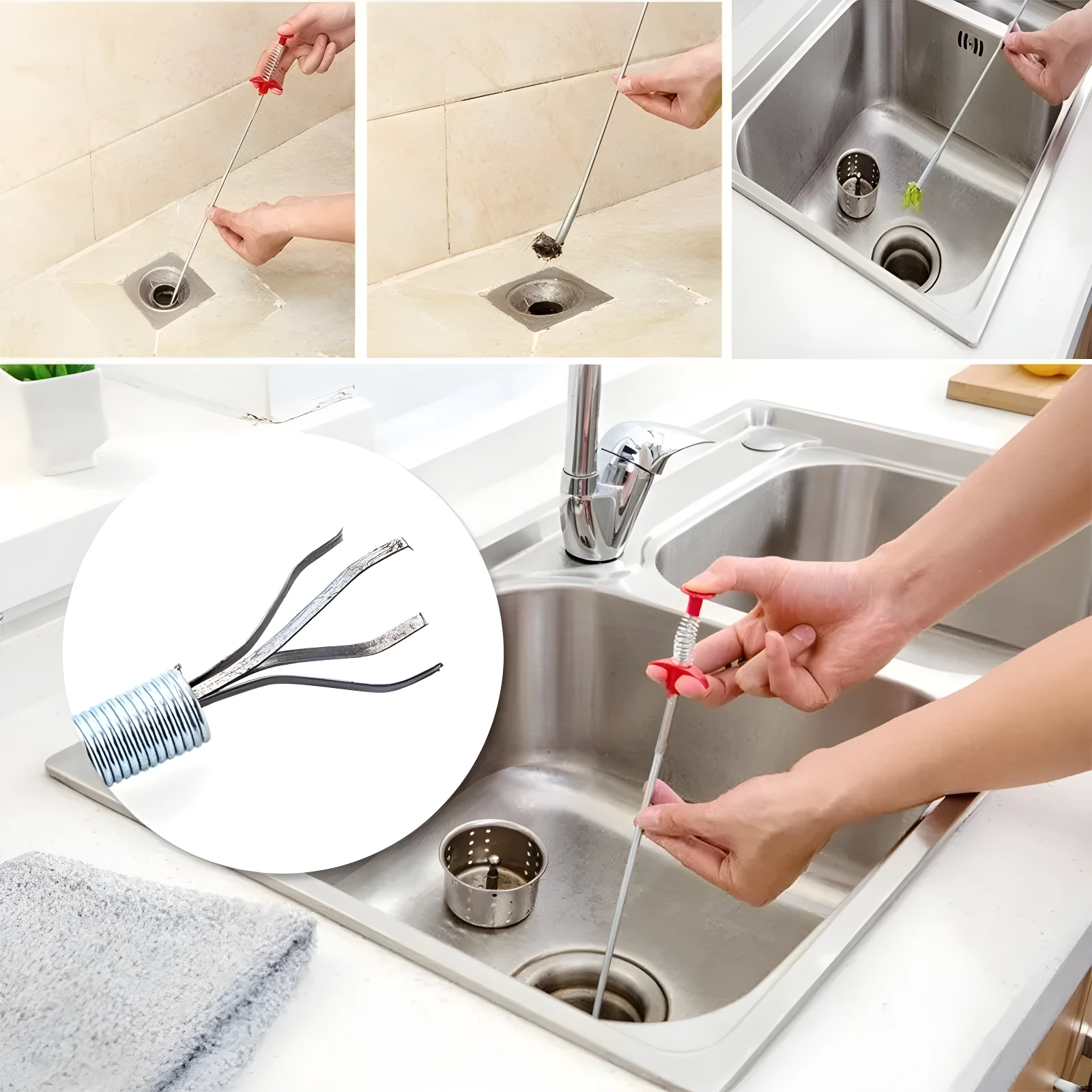 Gancho destapa-cañerías flexible con resorte y pinzas, ideal para limpiar desagües de lavaplatos y duchas.