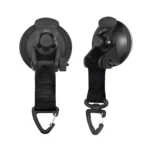 Set x2 ganchos de fijación negros con ventosa y mosquetón, ideales para asegurar equipaje.