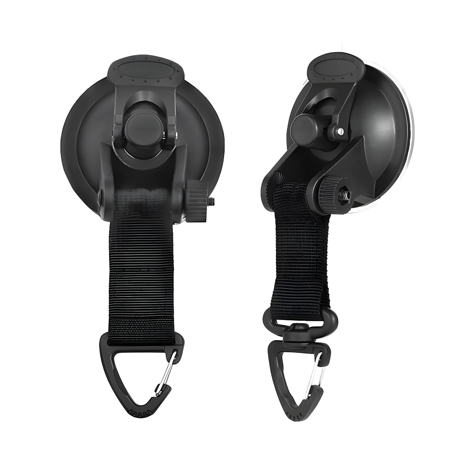 Set x2 ganchos de fijación negros con ventosa y mosquetón, ideales para asegurar equipaje.