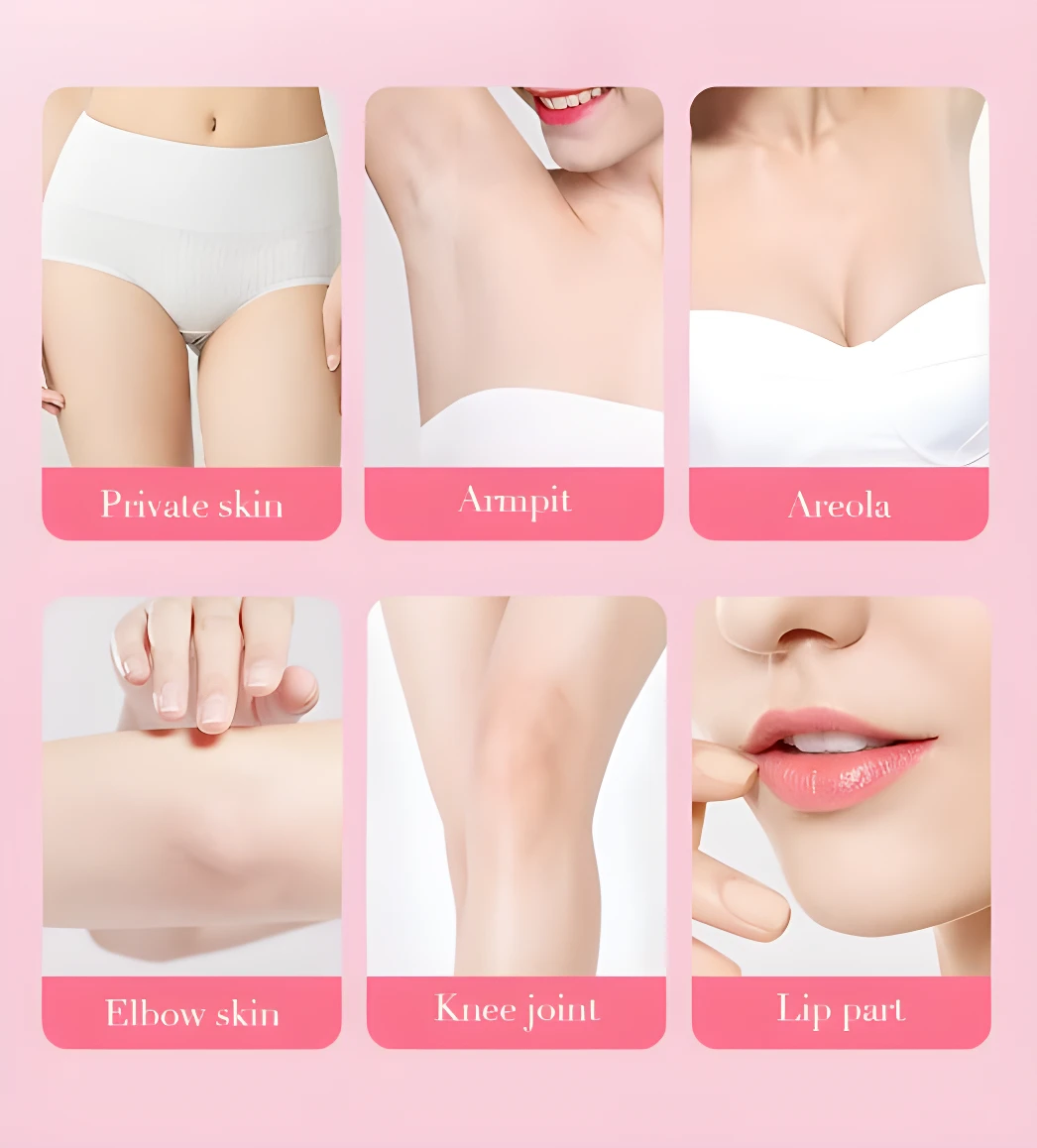 Set x2 Gel Despigmentante Zonas Íntimas y Axilas. Muestra: piel privada, axila, areola, codo, rodilla, labio.