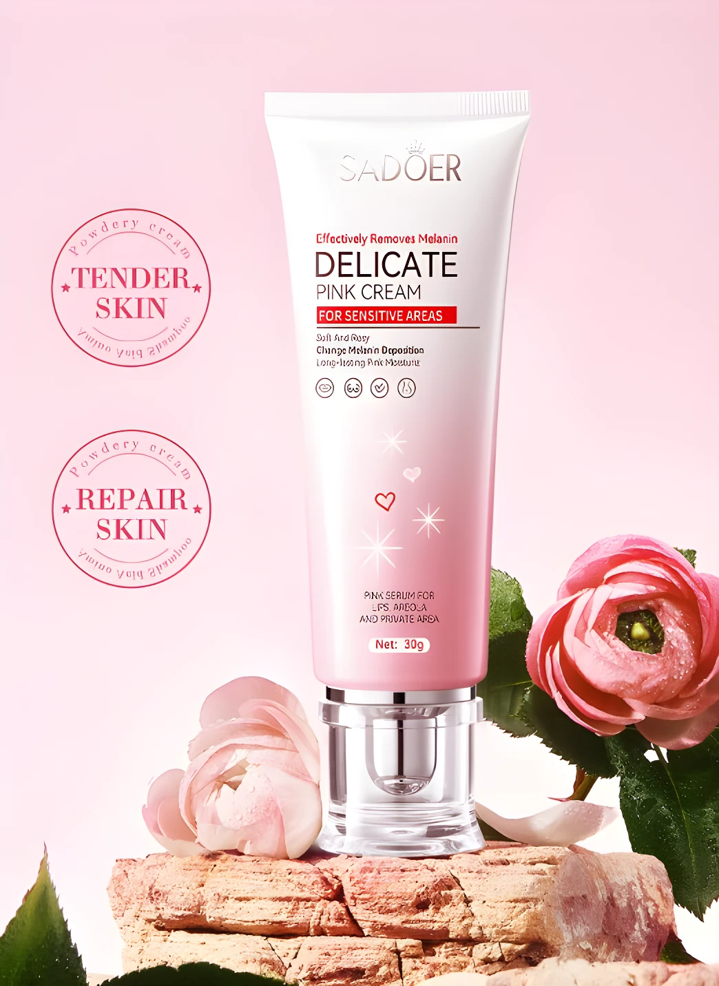 Crema Sadoer Delicate Pink Cream 30g para zonas sensibles, aclara y suaviza.