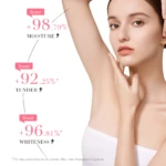 Mujer joven con piel de axila cuidada. Gel despigmentante aclara manchas. +98.79% humedad, +92.25% tersura, +96.81% blanqueamiento.