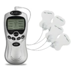 Electroestimulador Genki Digital4 plateado con 4 pads, para alivio muscular y circulación.