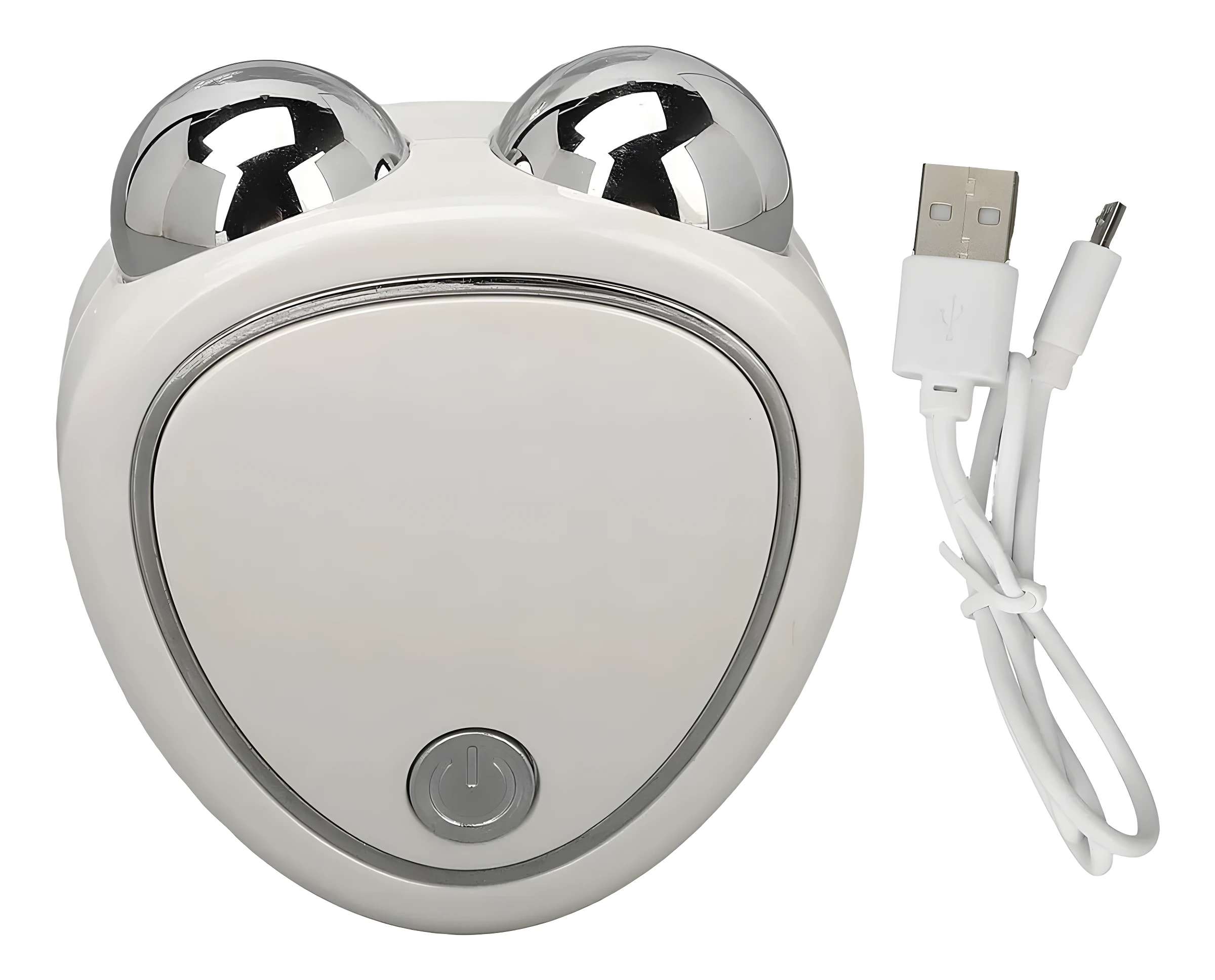 Gimnasia facial blanco con estimulador electro, dos esferas metálicas, pantalla lisa y cable USB blanco.