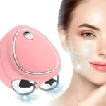 Gimnasia facial rosa con rodillos para masaje y estímulo electro, junto a parte de rostro femenino con gráficos de tratamiento.