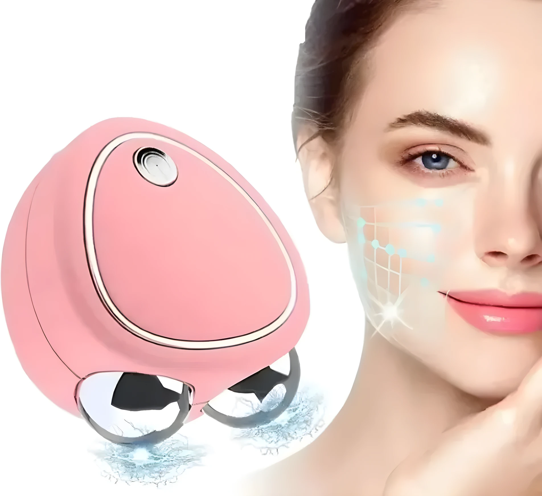 Gimnasia facial rosa con rodillos para masaje y estímulo electro, junto a parte de rostro femenino con gráficos de tratamiento.