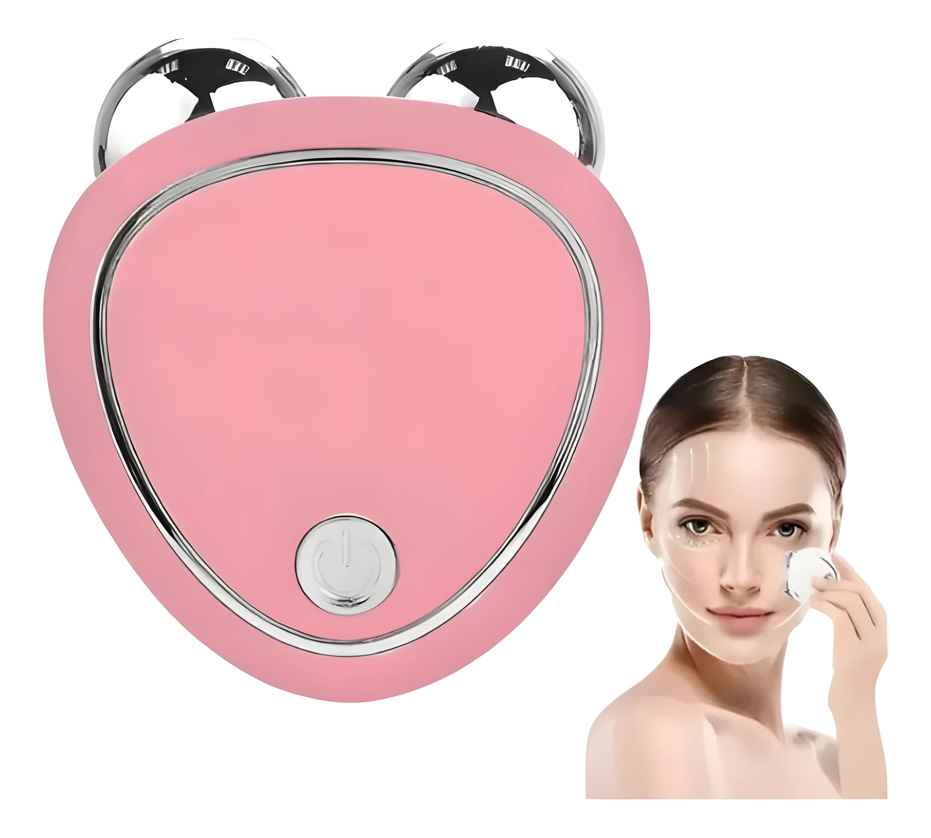 Estimulador facial electro rosa con forma de oso, usado por mujer en rutina de cuidado.