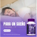 Gomitas de magnesio "Calm" para un sueño tranquilo, en frasco morado, junto a hombre durmiendo.