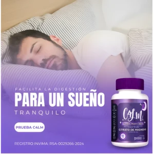 Gomitas de magnesio "Calm" para un sueño tranquilo, en frasco morado, junto a hombre durmiendo.