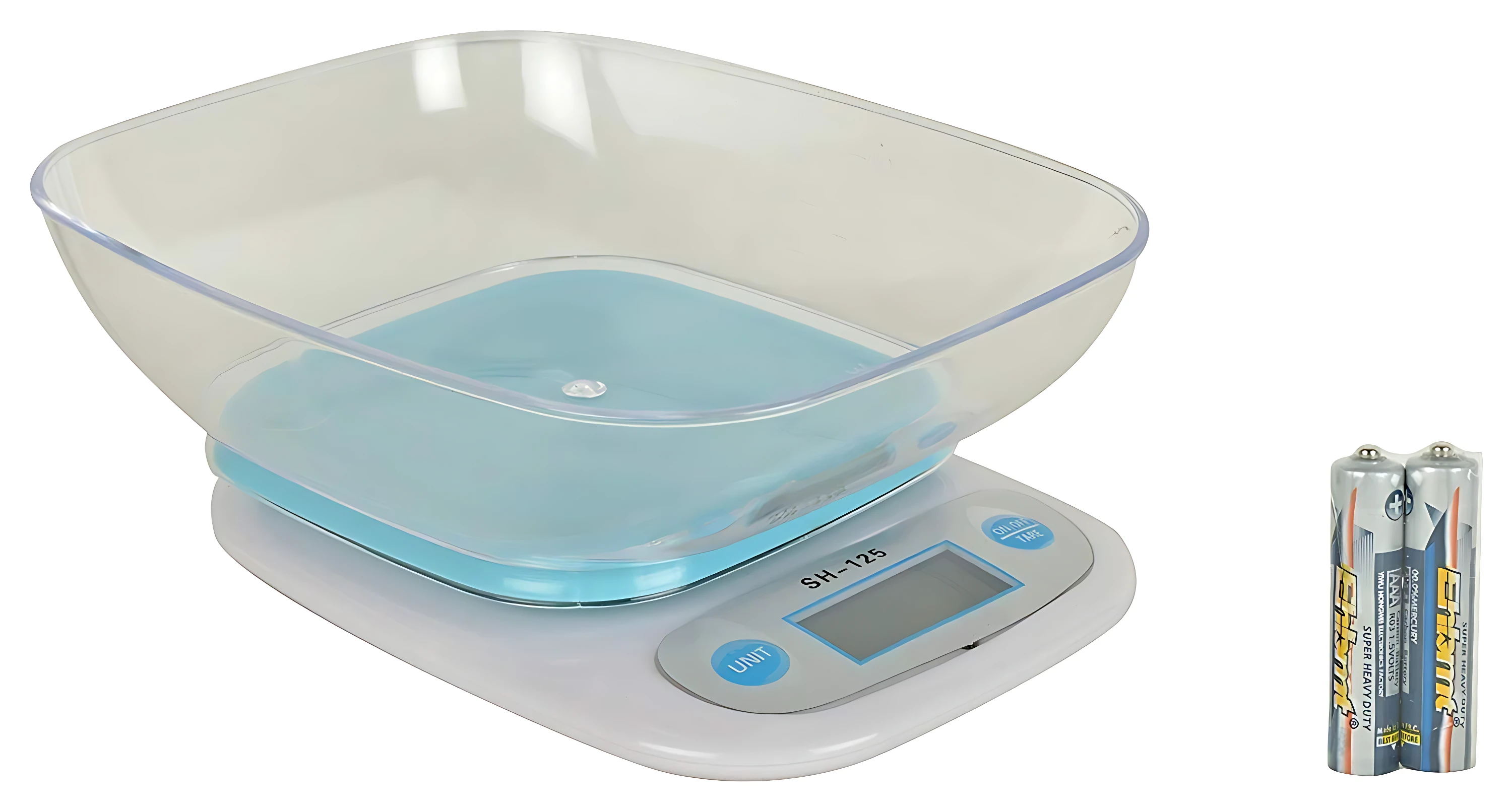 Báscula de cocina digital blanca con recipiente transparente y azul, y dos baterías AAA en paquete.