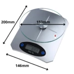 Balanza de cocina digital plateada con superficie de vidrio, medidas 200x150x146mm, muestra 0.00.