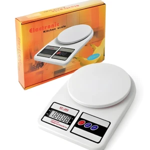 Balanza de cocina digital blanca SF400, con display digital y botones de control, ideal para pesar alimentos con precisión.