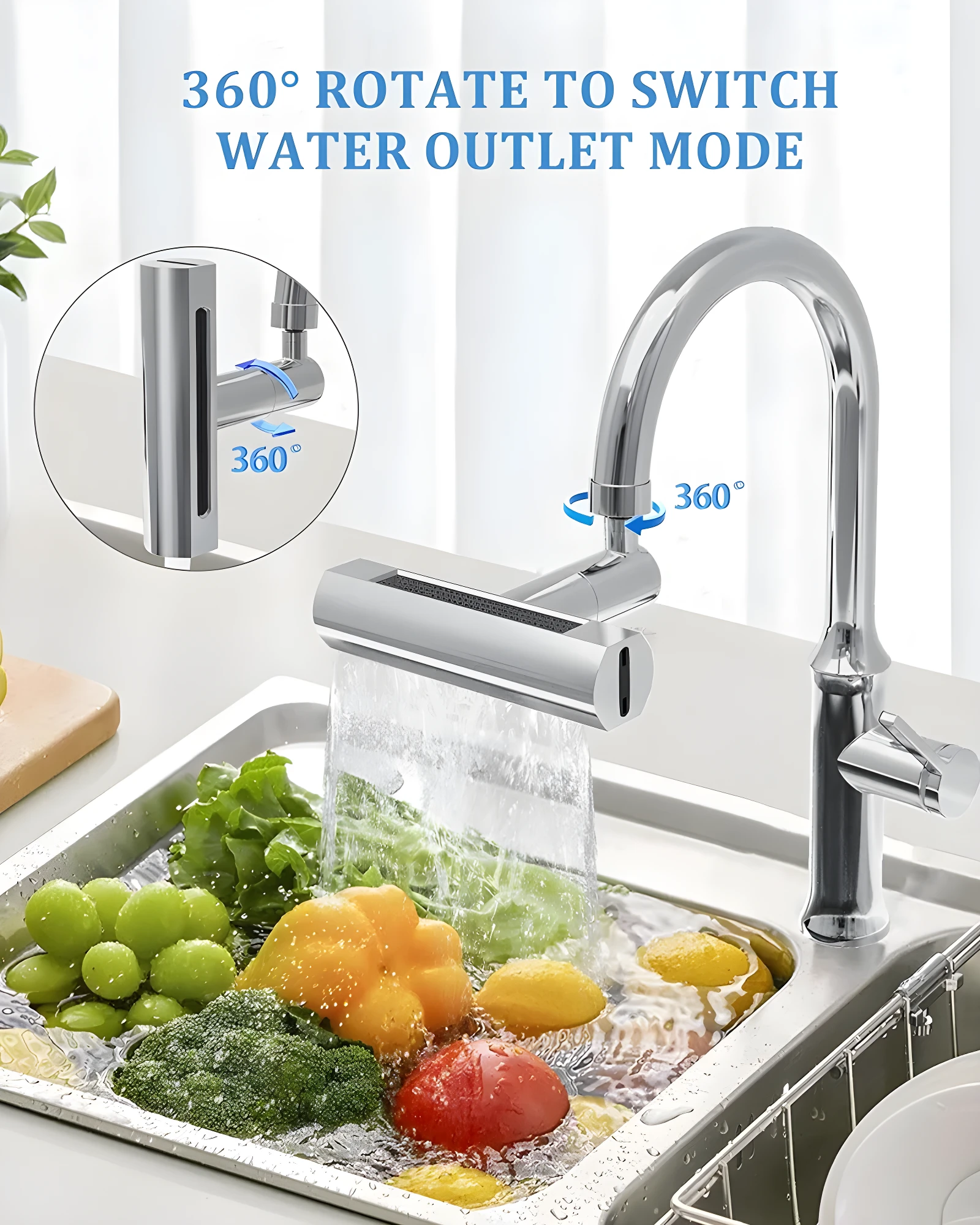 Grifo de cocina cromado giratorio 360° con chorro para lavar verduras en el lavaplatos.