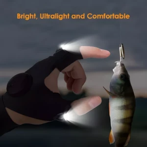 Guante de pesca negro con luces LED en dedos, ideal para ultraligero y cómodo uso nocturno.
