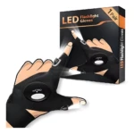Guantes negros con luz LED en los dedos, para tareas de precisión, se ven dos guantes y su empaque.