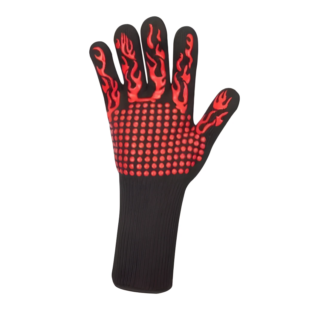 Guantes de silicona negros con diseño de llamas rojas para protección contra calor.
