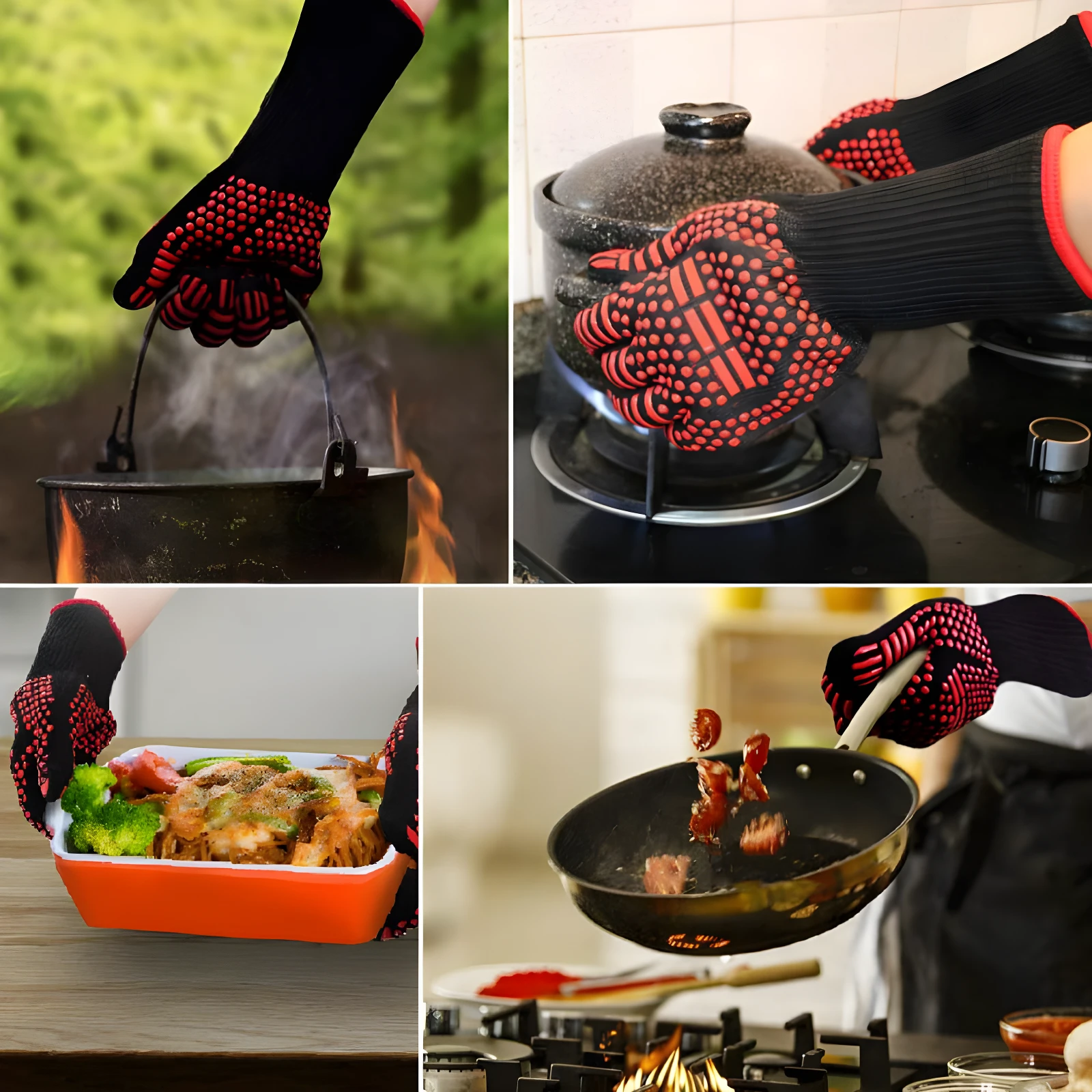 Guantes anticalor negros con puntos rojos para barbacoa, cocina y horno.