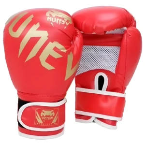 Guantes de boxeo profesionales Venum rojos 10oz unisex con logo dorado y detalles blancos.