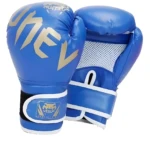 Guantes de boxeo unisex Venum 10oz, azules, con logo dorado, malla transpirable y cierre de velcro.