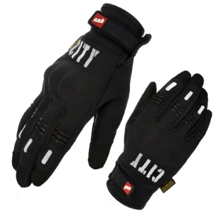 Guantes impermeables negros para moto 'City', con detalles reflectantes y logo en blanco.