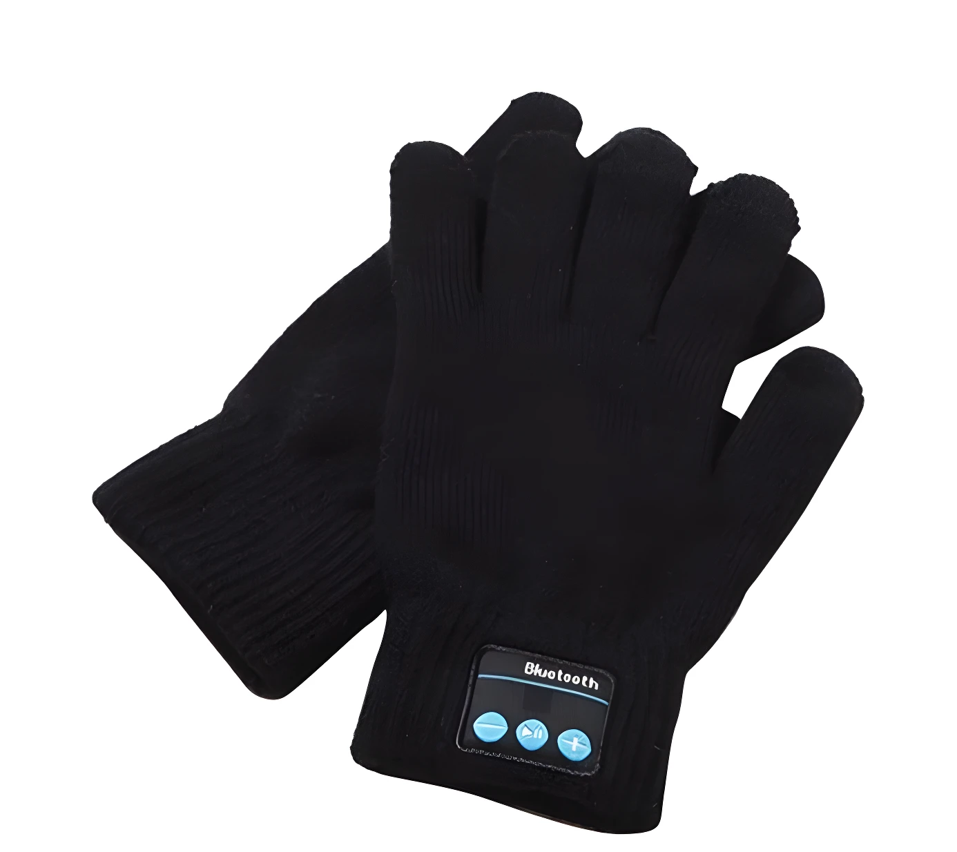 Guantes negros de tejido con módulo Bluetooth y controles en la palma.