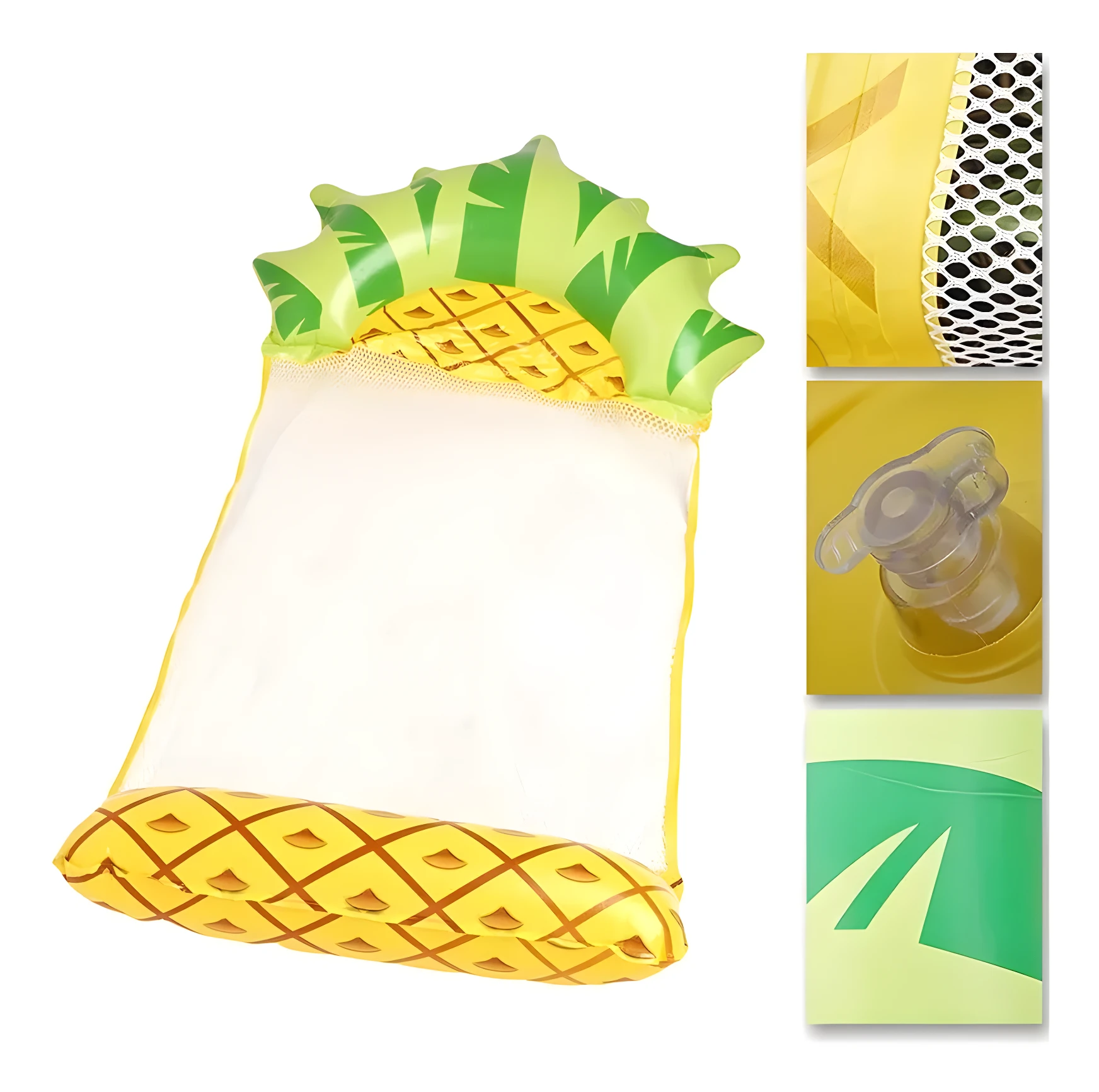 Hamaca inflable de piscina con forma de piña, amarilla con detalles verdes y malla blanca, ideal para relajarse en el agua.