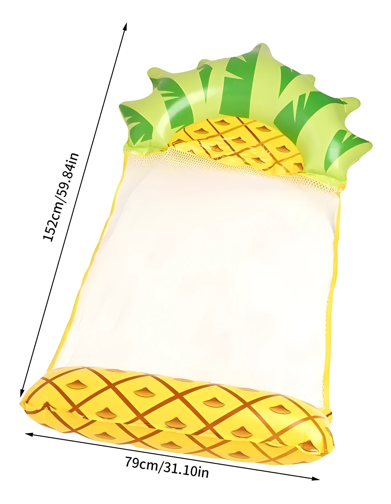 Hamaca inflable de piscina en forma de piña amarilla con detalles verdes, mide 152x79cm.