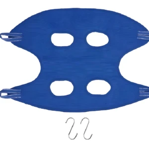 Hamaca azul para aseo de mascotas, con cuatro orificios y ganchos para corte de uñas y limpieza.