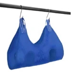 Hamaca azul de aseo para perros y gatos, para corte de uñas, colgada en barra con ganchos.