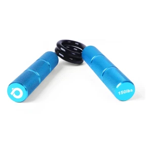 Entrenador de agarre de antebrazo azul metálico con resorte negro y 150lbs visible.