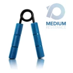 Entrenador de agarre azul con resistencia media, ideal para antebrazos.