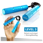 Hand grip azul metálico, nivel 3, 150 lbs, para rehabilitación y fortalecimiento de antebrazo.