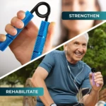 Entrenador de agarre azul y morado para fortalecer y rehabilitar antebrazos.