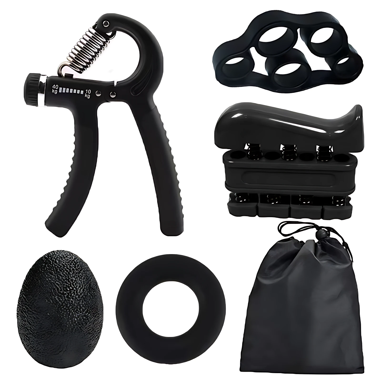 Kit de ejercitadores de mano negros: agarre ajustable, expansor de dedos, pelota texturizada, anillo y bolsa.