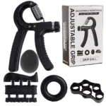 Kit X5 ejercitador de mano: pinza ajustable, pelota, anillo y soporte de dedos. Fortalece manos.