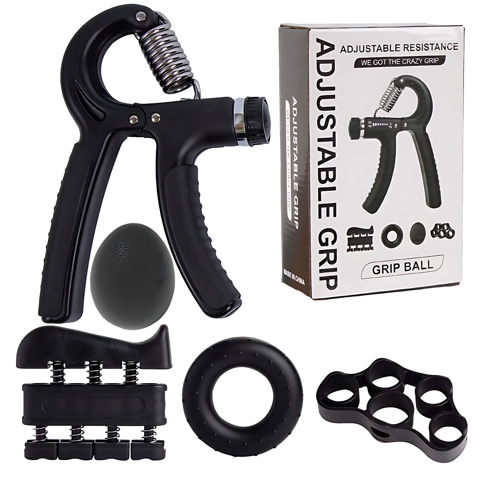 Kit X5 ejercitador de mano: pinza ajustable, pelota, anillo y soporte de dedos. Fortalece manos.