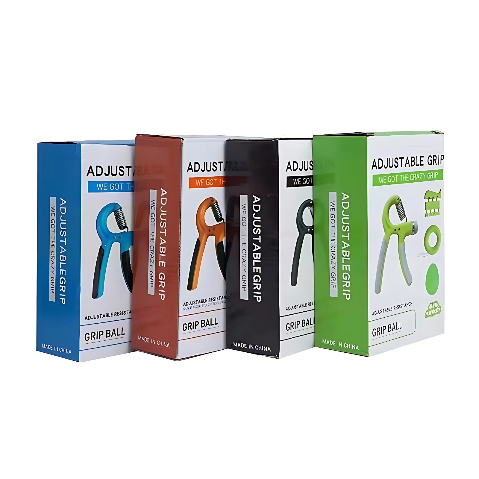 Cajas de ejercitadores de mano ajustables en colores azul, café, naranja, negro y verde.
