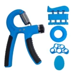 Kit ejercitador de mano azul con pinza, expansor de dedos, anillo y huevo para fortalecimiento.