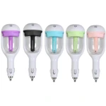 Humidificador ultrasónico para carro con luz LED, disponible en morado, negro, azul, verde y rosa.