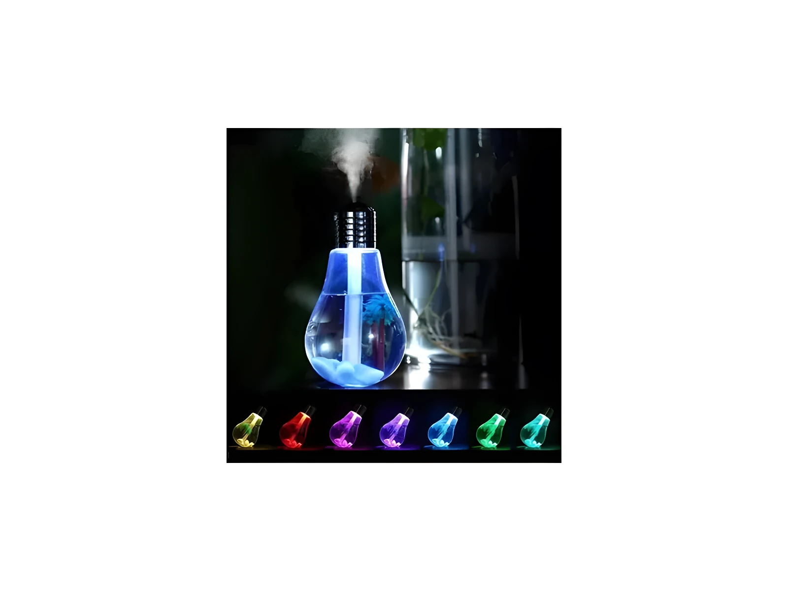 Humidificador forma bombilla, difunde vapor azul, muestra 7 colores LED.
