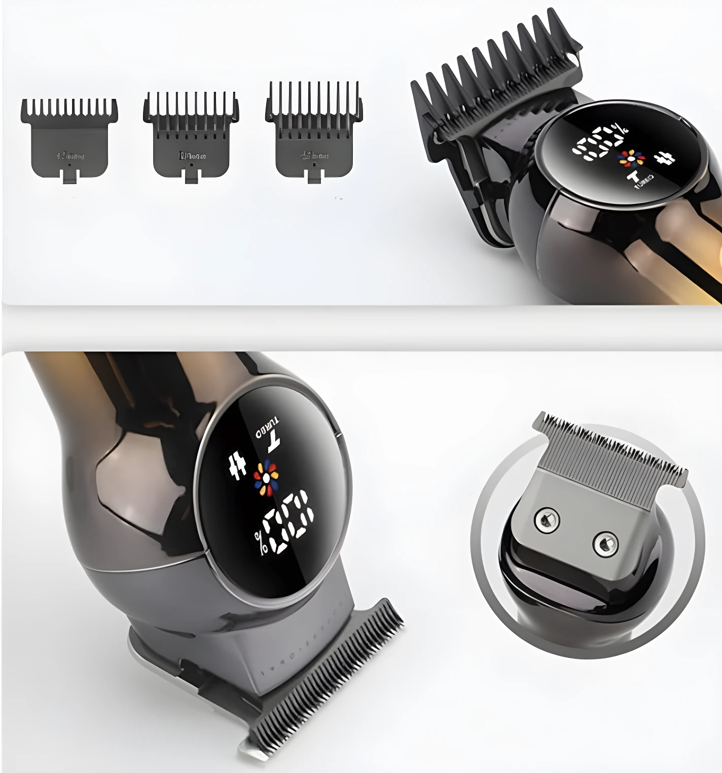 Recortadora profesional ergonómica, pantalla LED, 3 peines guía, color negro y dorado, para cortes precisos.