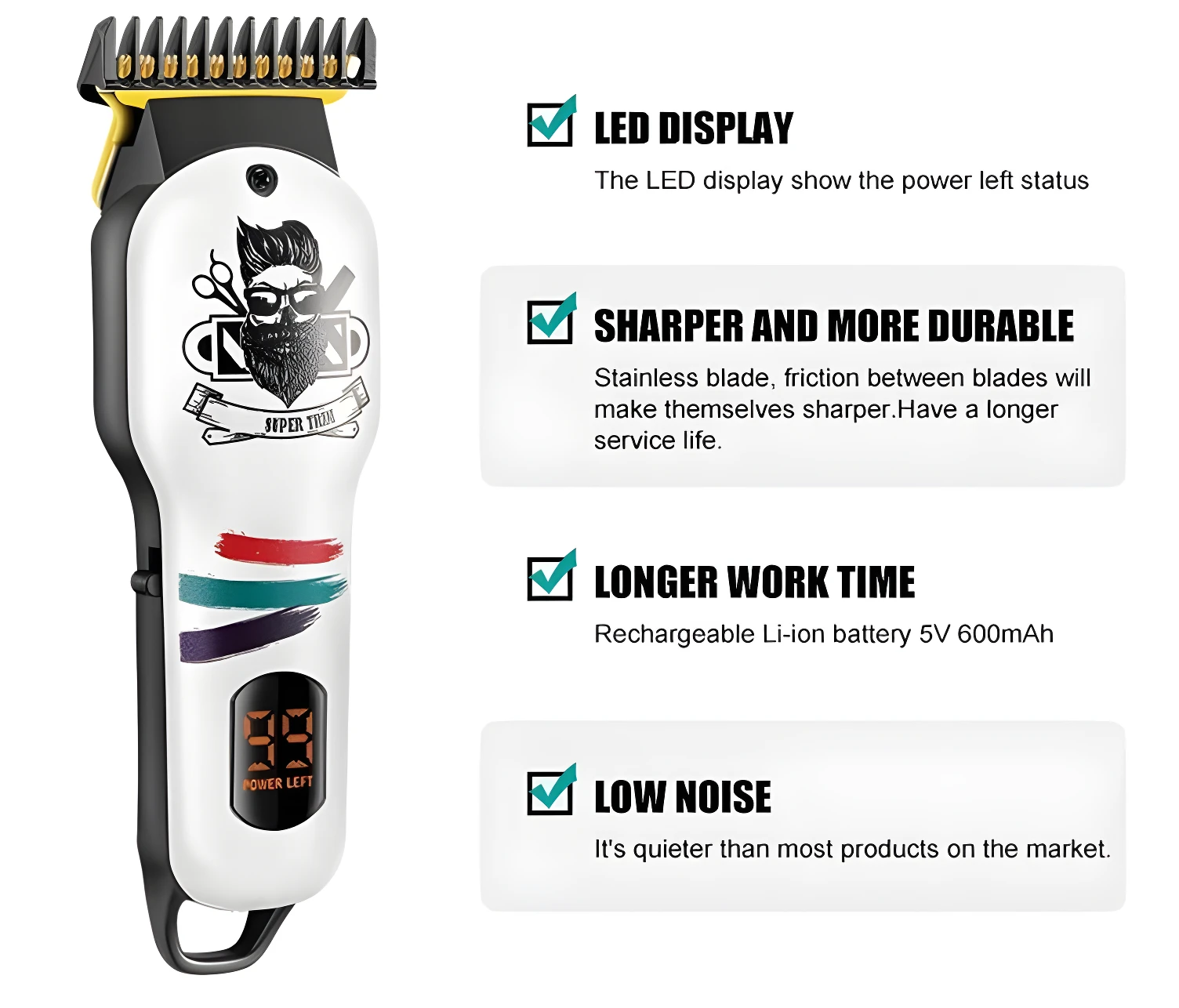 Cortadora de cabello inalámbrica con pantalla digital LED, cuchillas de acero afiladas y diseño moderno.
