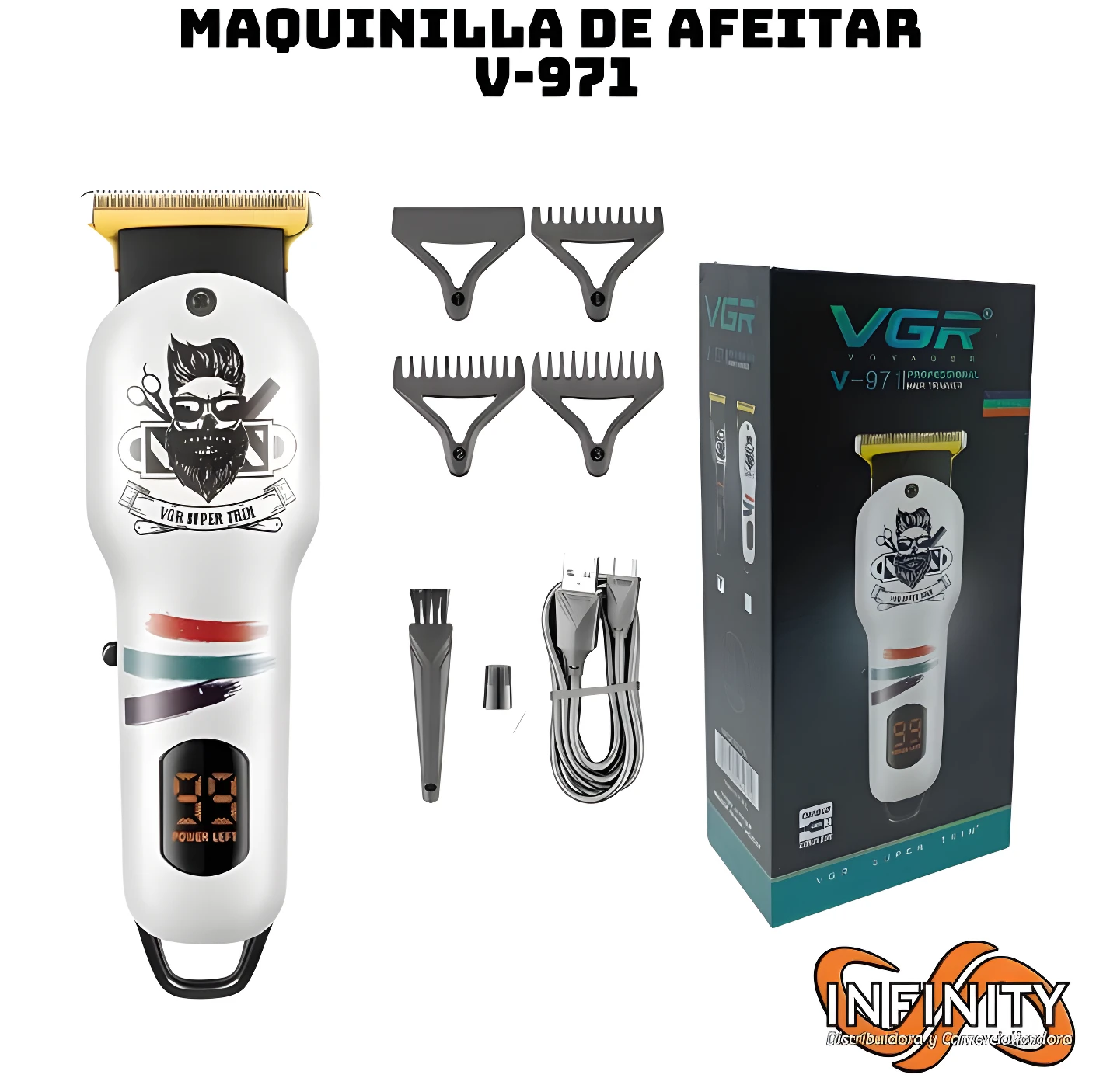 Cortadora de cabello VGR V-971 inalámbrica, blanca con pantalla digital, incluye peines y cable USB.
